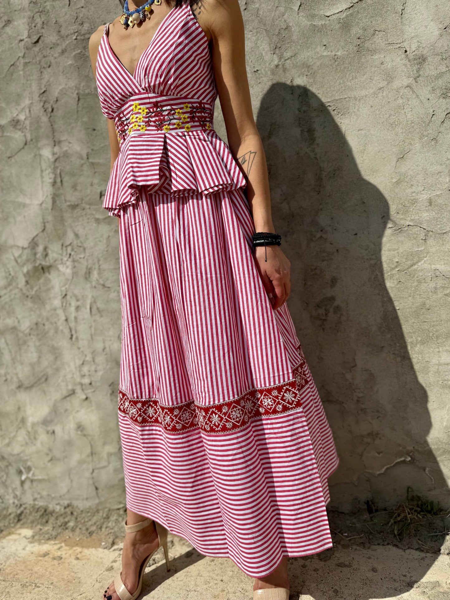 Striped Set, Floral-Embroidered Peplum Top and Midi Skirt