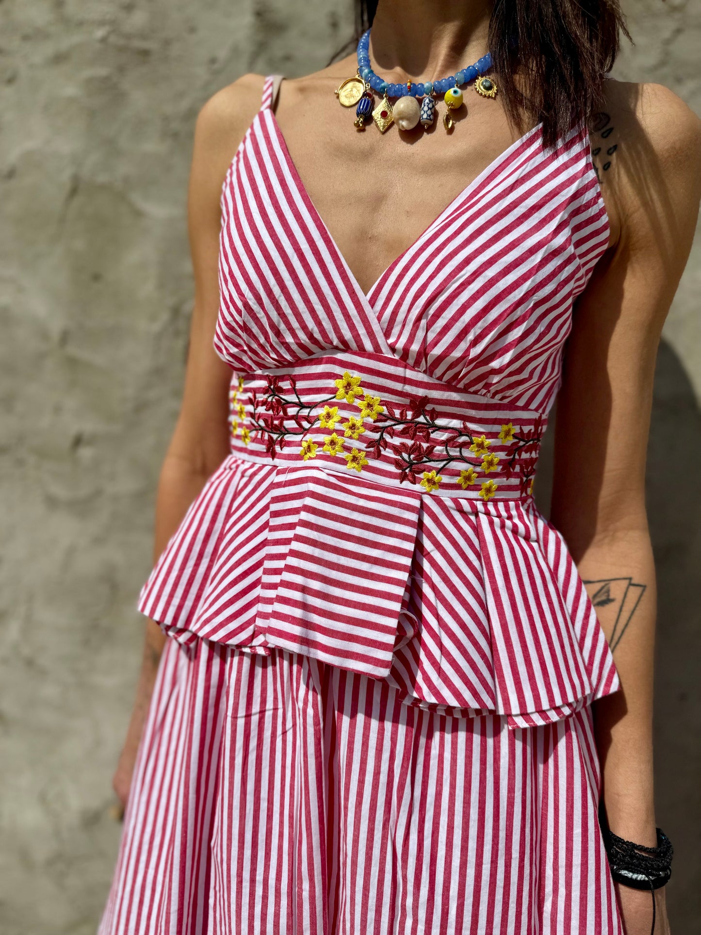 Striped Set, Floral-Embroidered Peplum Top and Midi Skirt