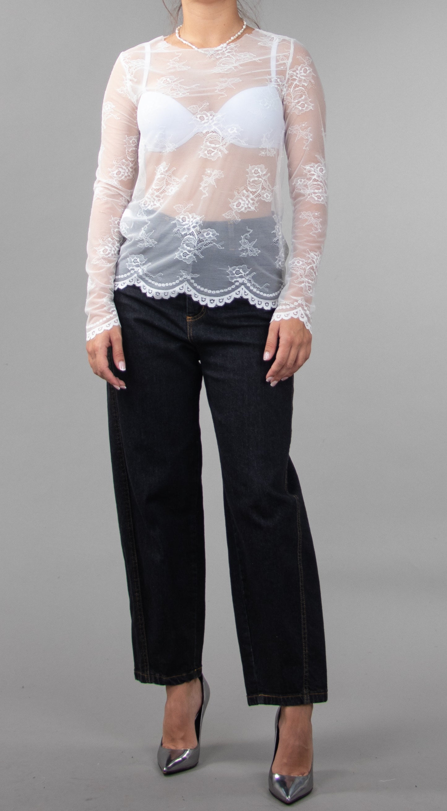 Long Sleeve Lace White Top