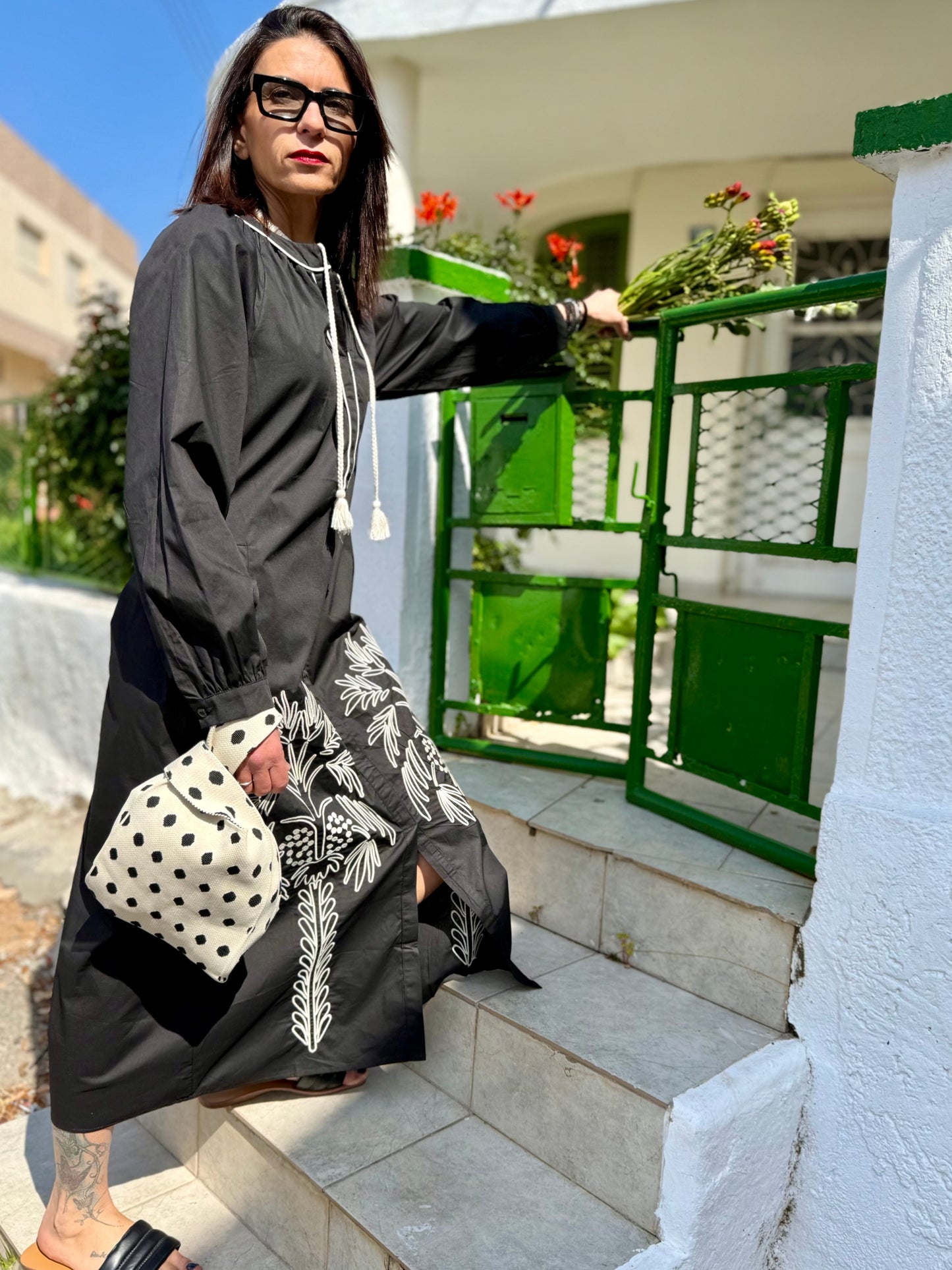 Tropical Printed Midi Dress Cotton Black