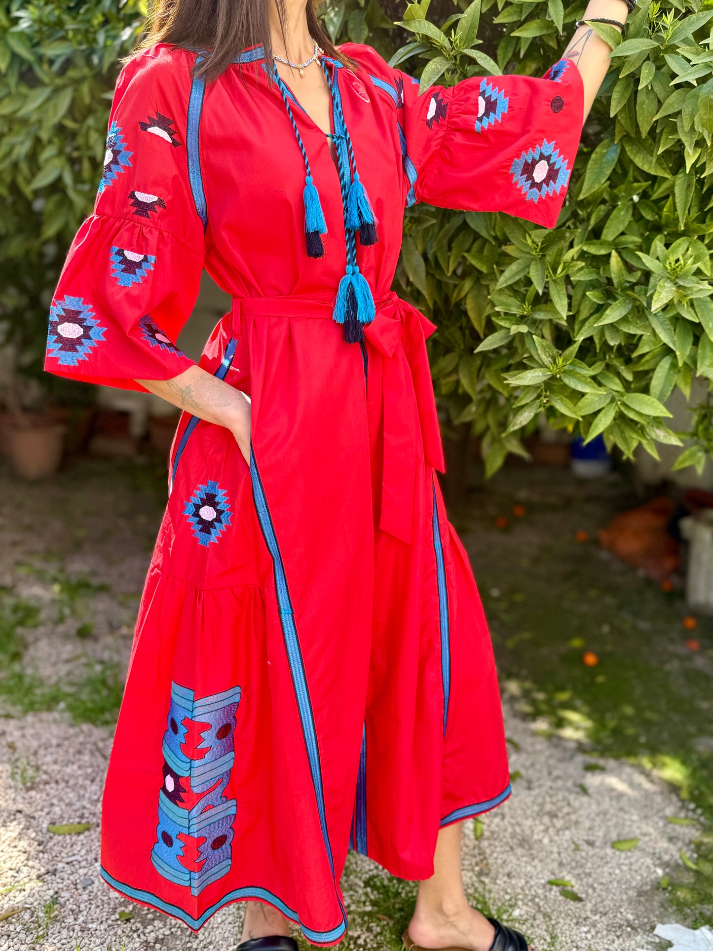 Ethnic Embroidered Boho Dress with Tassel, Red Colour, Cotton