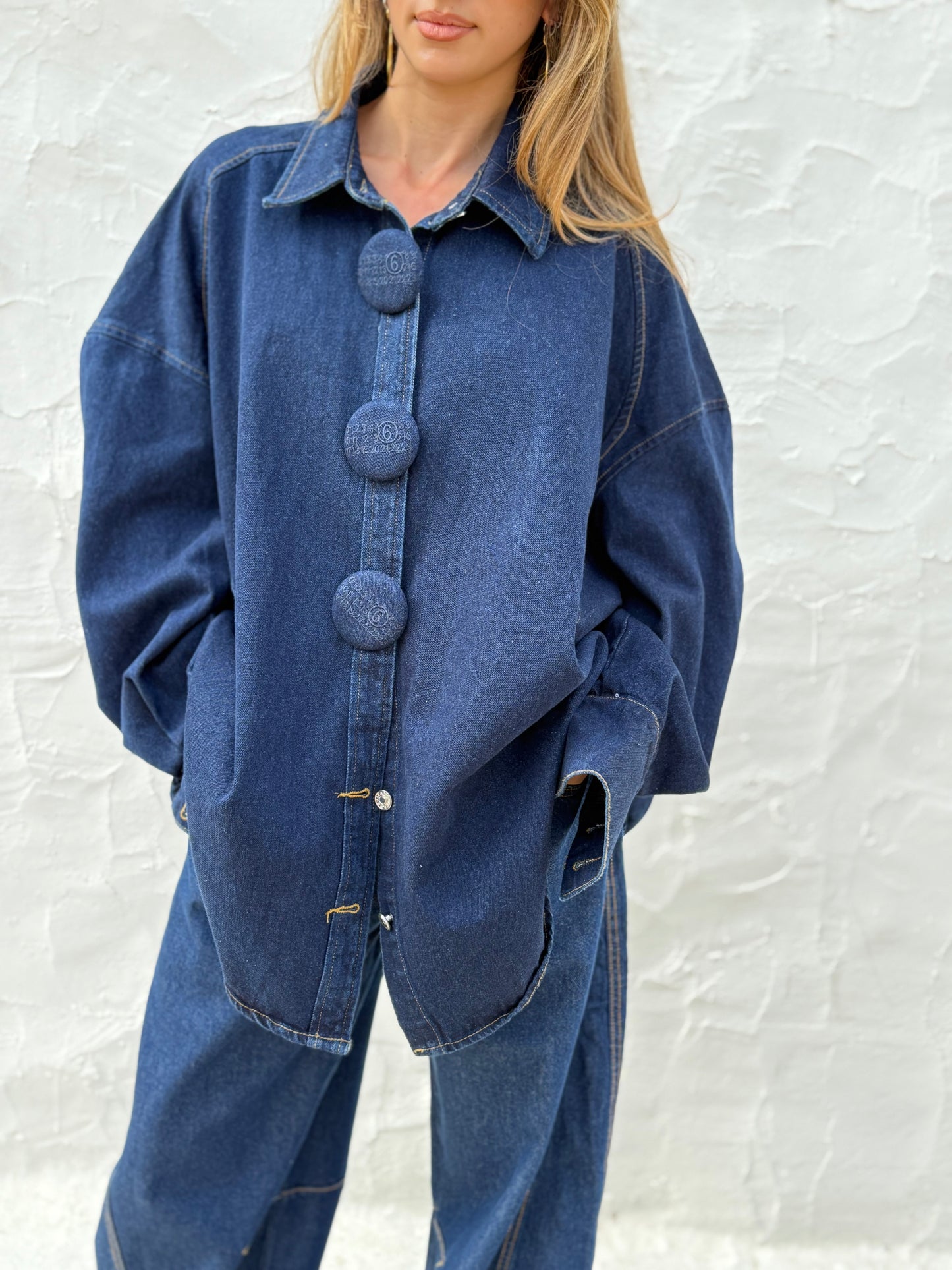 Oversized Dark Denim Shirt Jacket with Statement Buttons