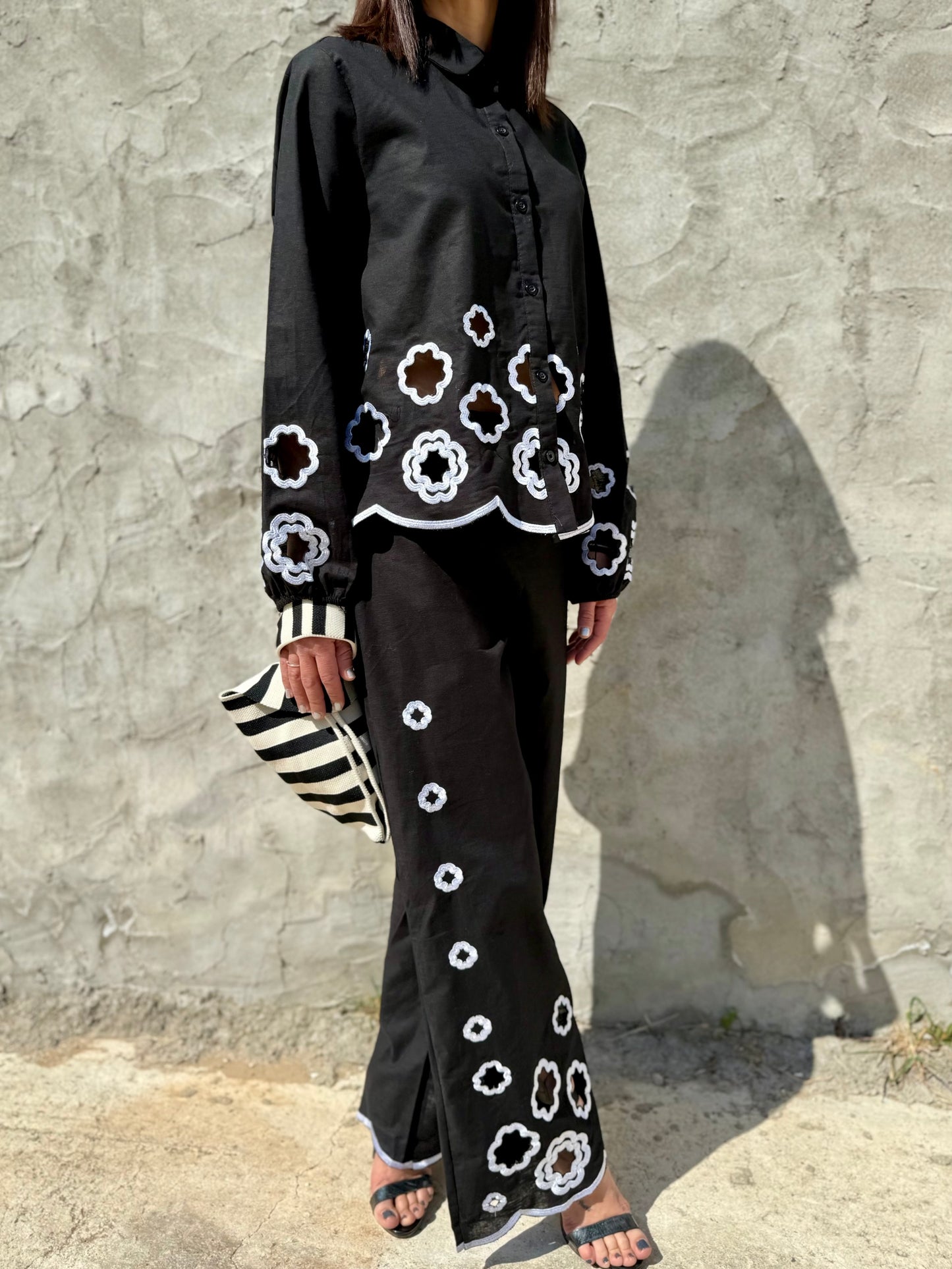 Floral Laser Cutwork Monochrome Shirt with Pants Set