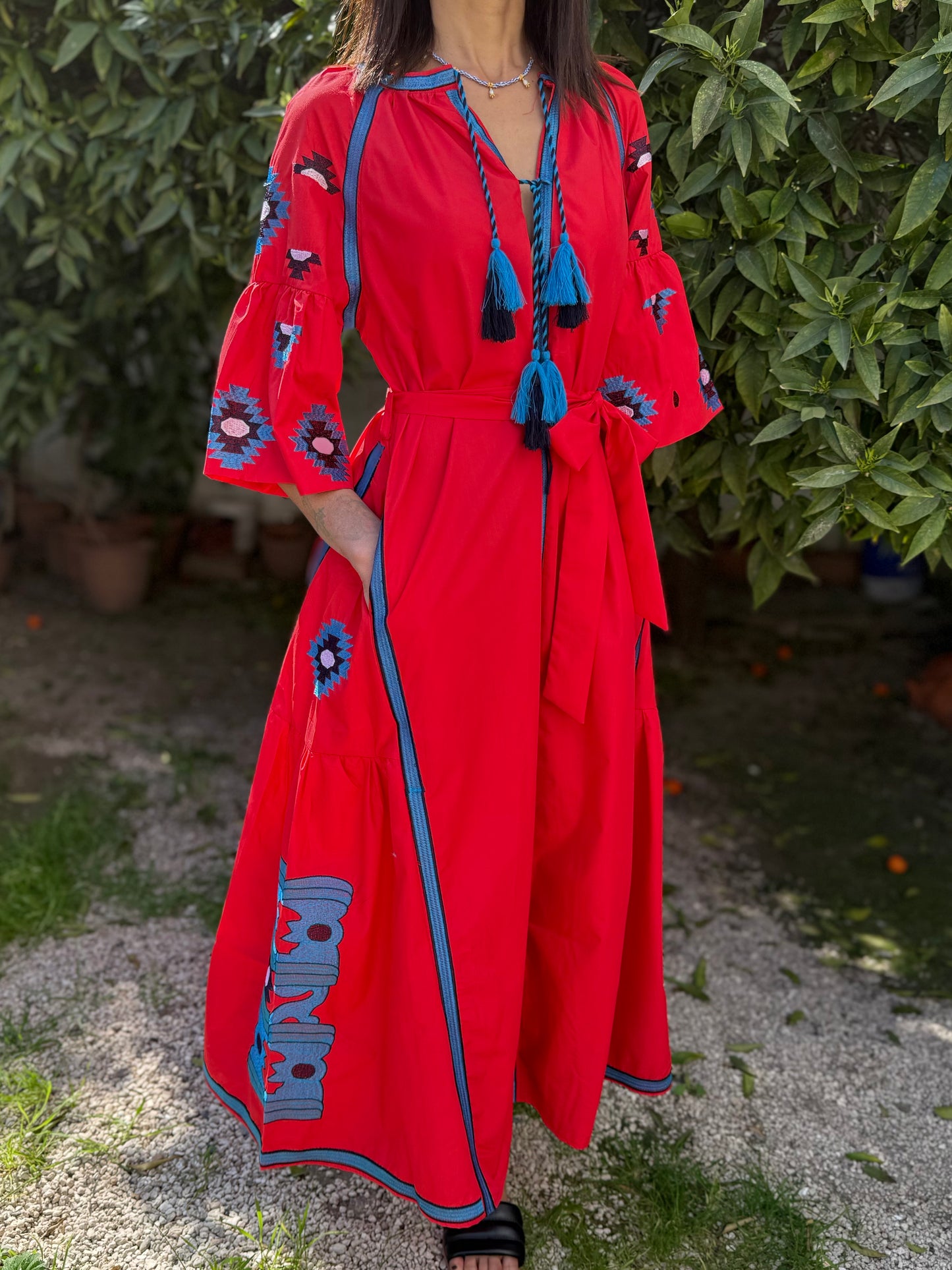 Ethnic Embroidered Boho Dress with Tassel, Red Colour, Cotton
