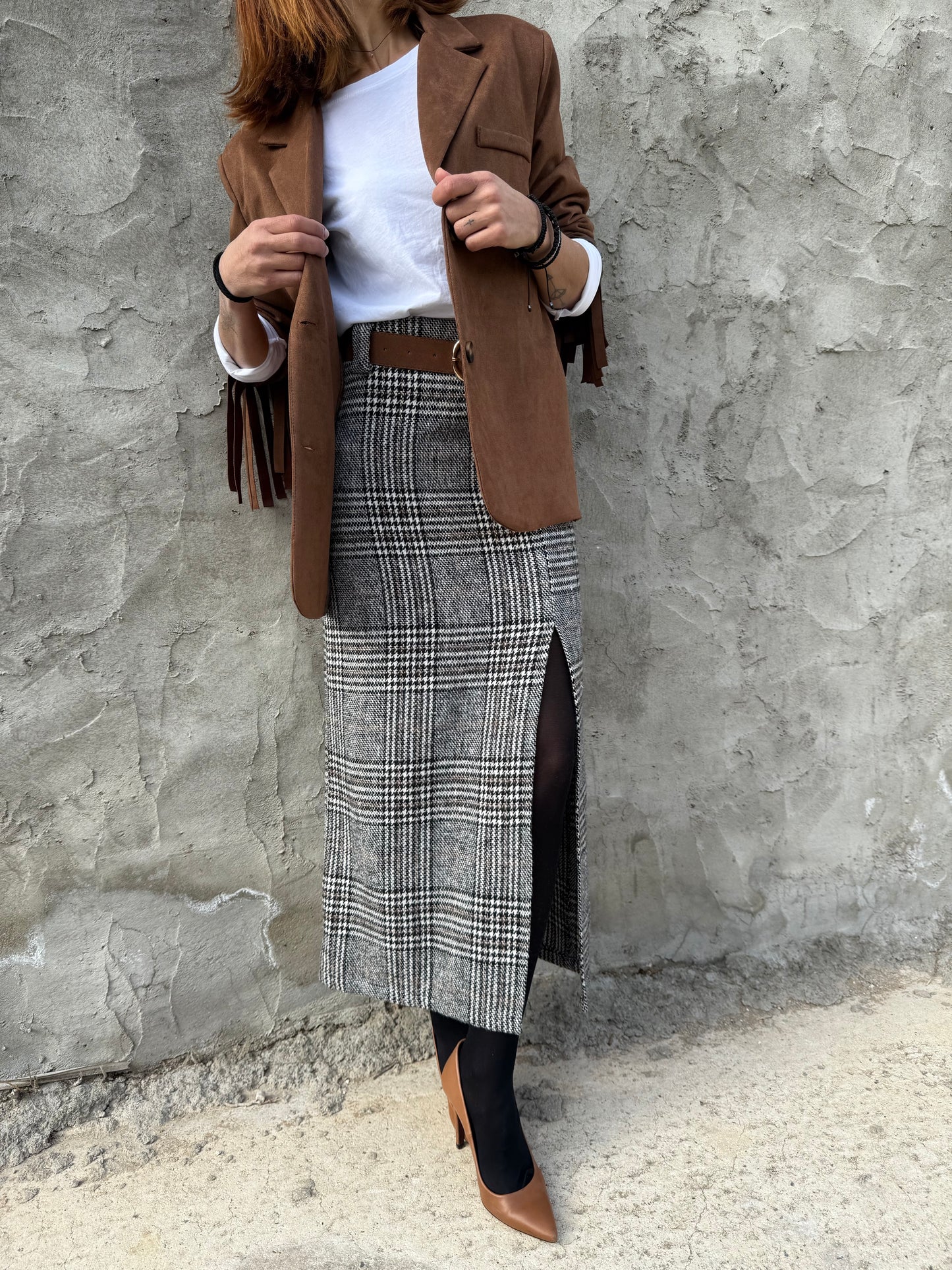 High Waist Plaid Skirt with Slit