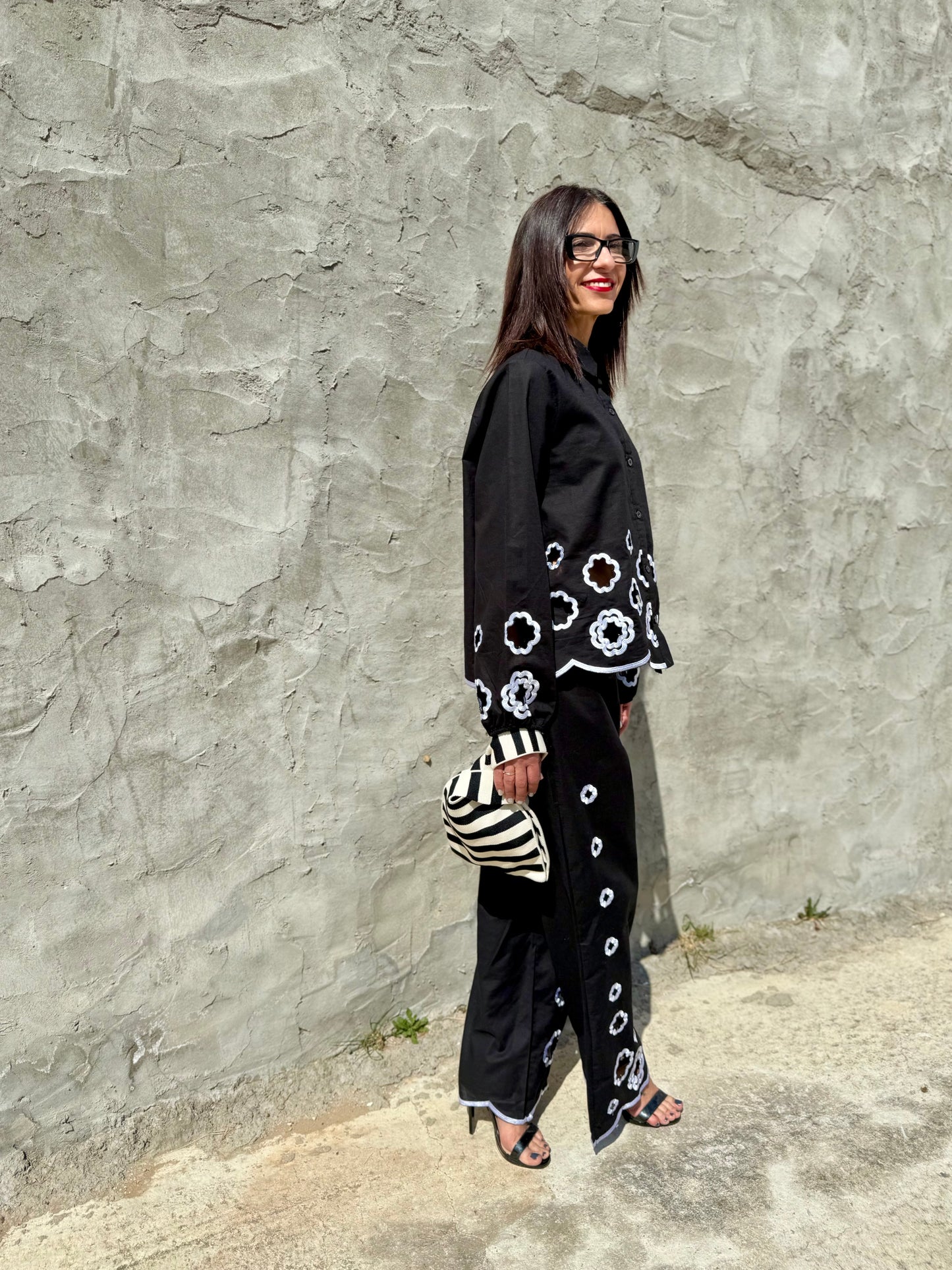 Floral Laser Cutwork Monochrome Shirt with Pants Set