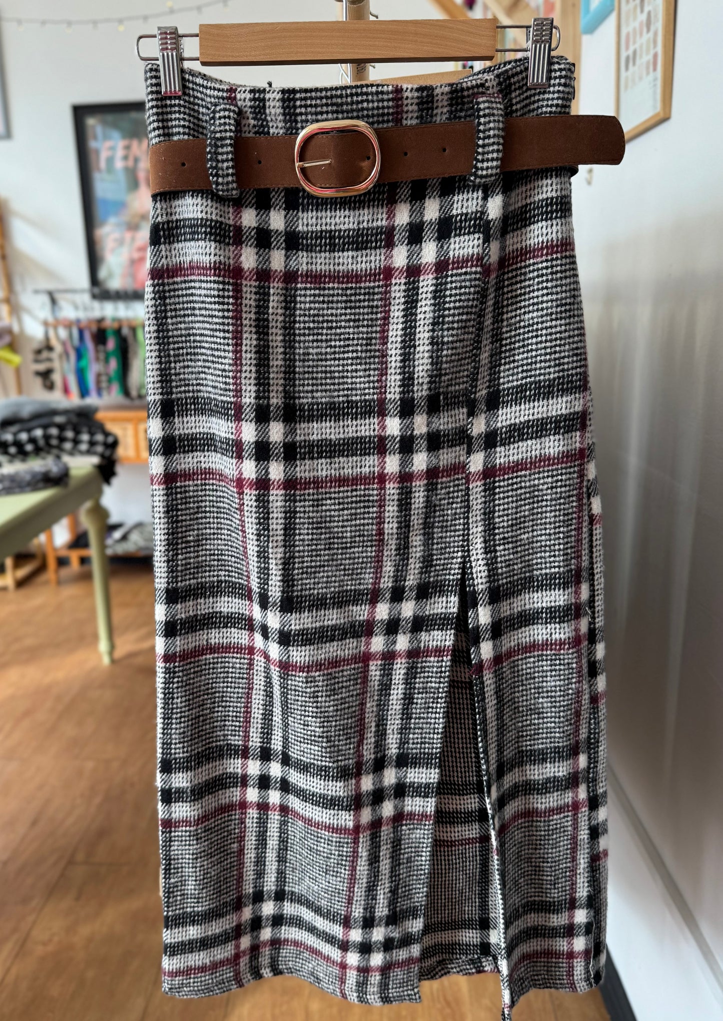High Waist Plaid Skirt with Slit