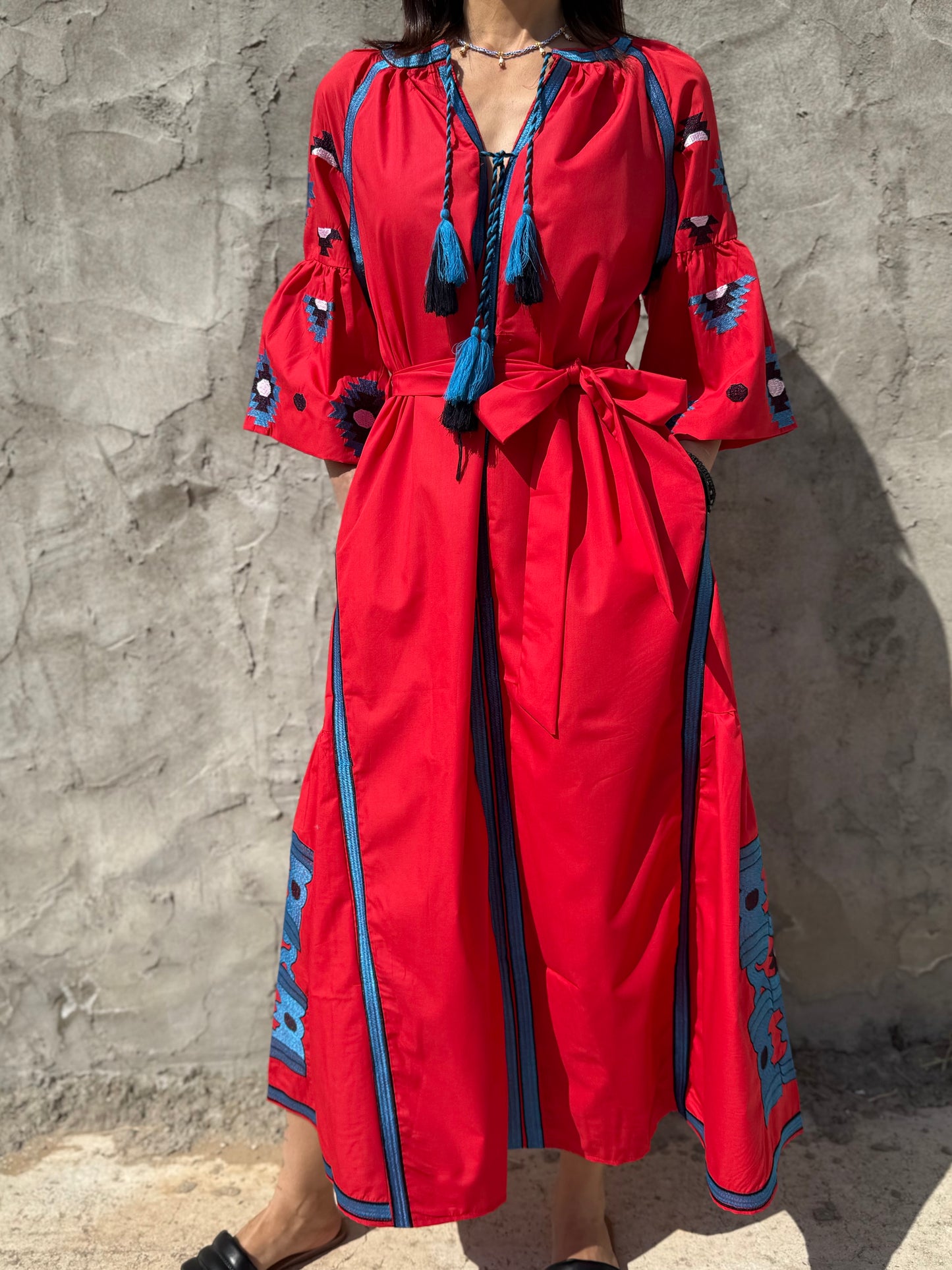 Ethnic Embroidered Boho Dress with Tassel, Red Colour, Cotton