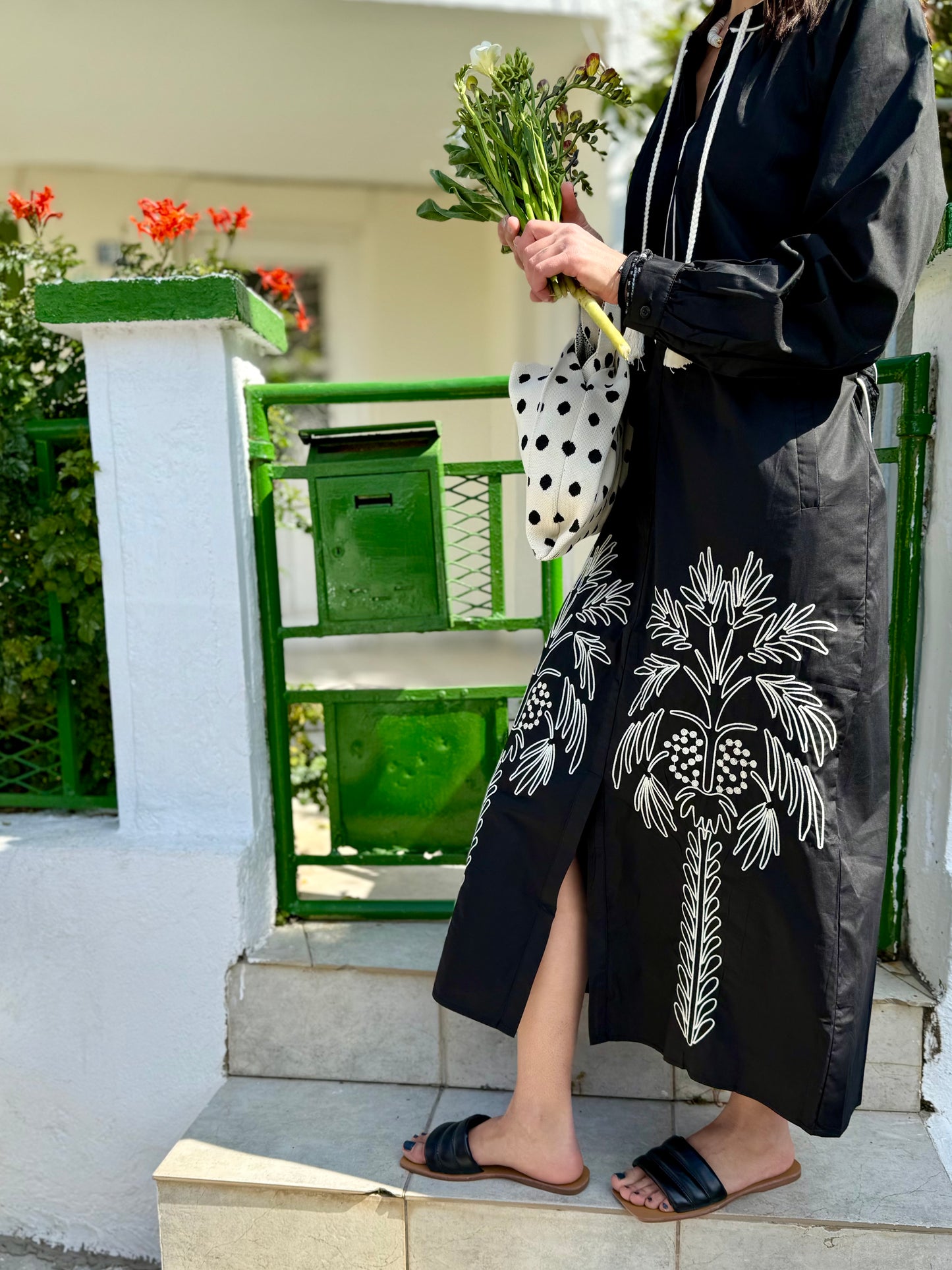Tropical Printed Midi Dress Cotton Black