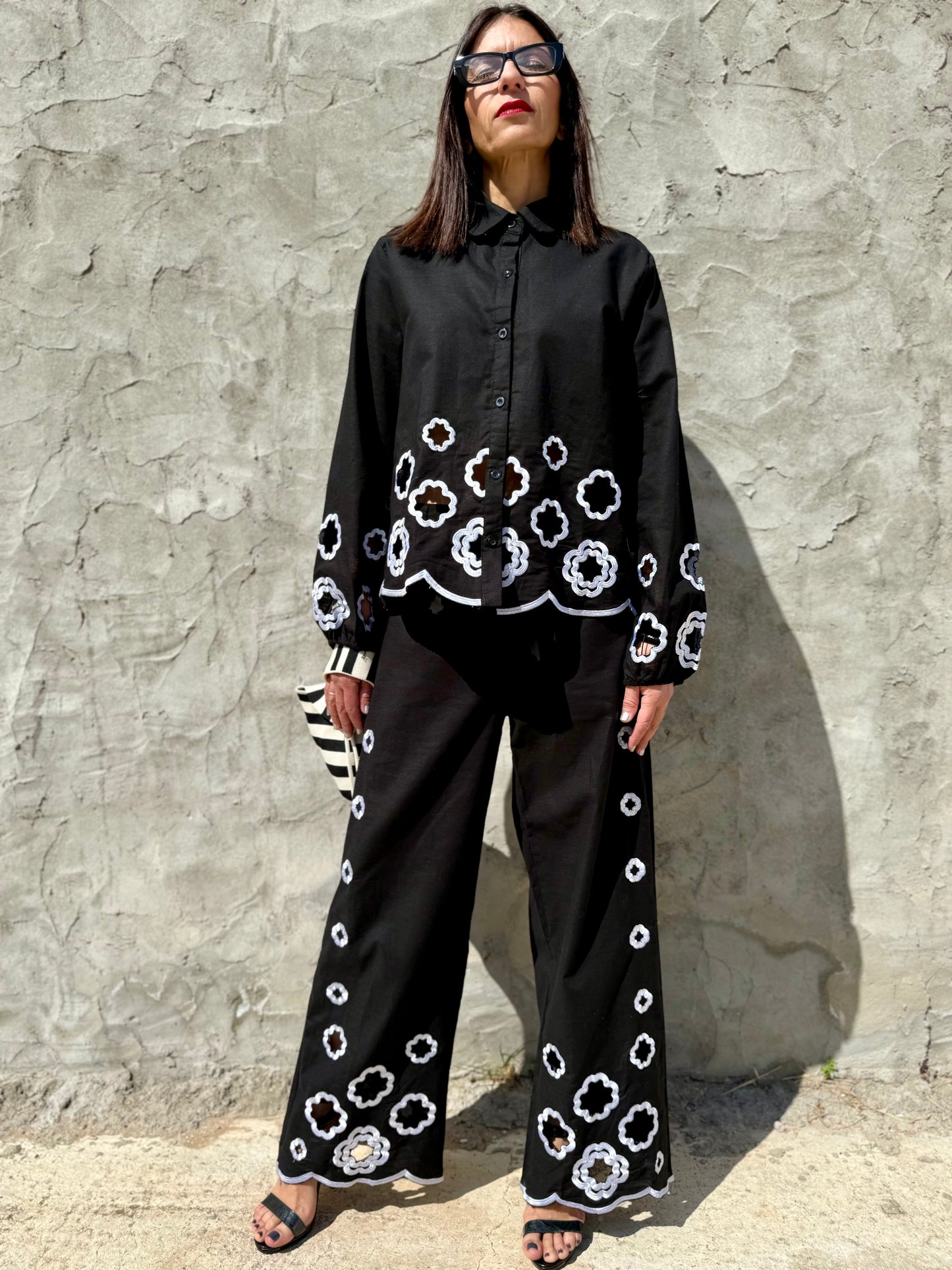 Floral Laser Cutwork Monochrome Shirt with Pants Set