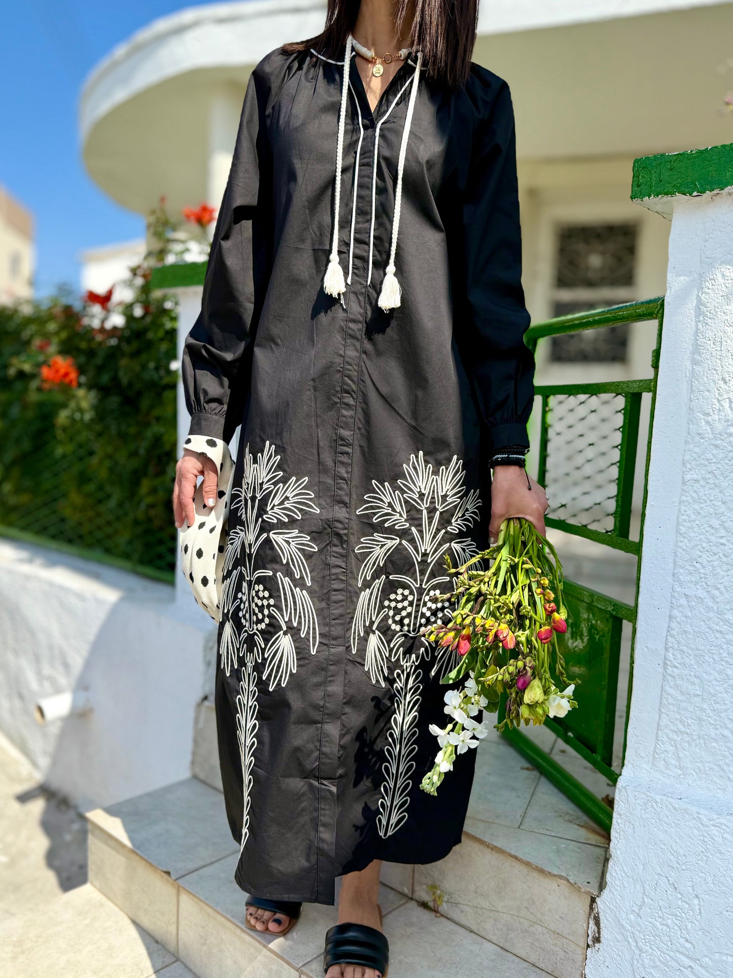 Tropical Printed Midi Dress Cotton Black