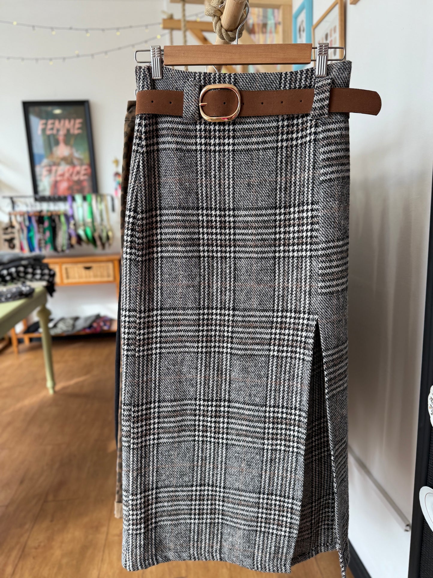 High Waist Plaid Skirt with Slit