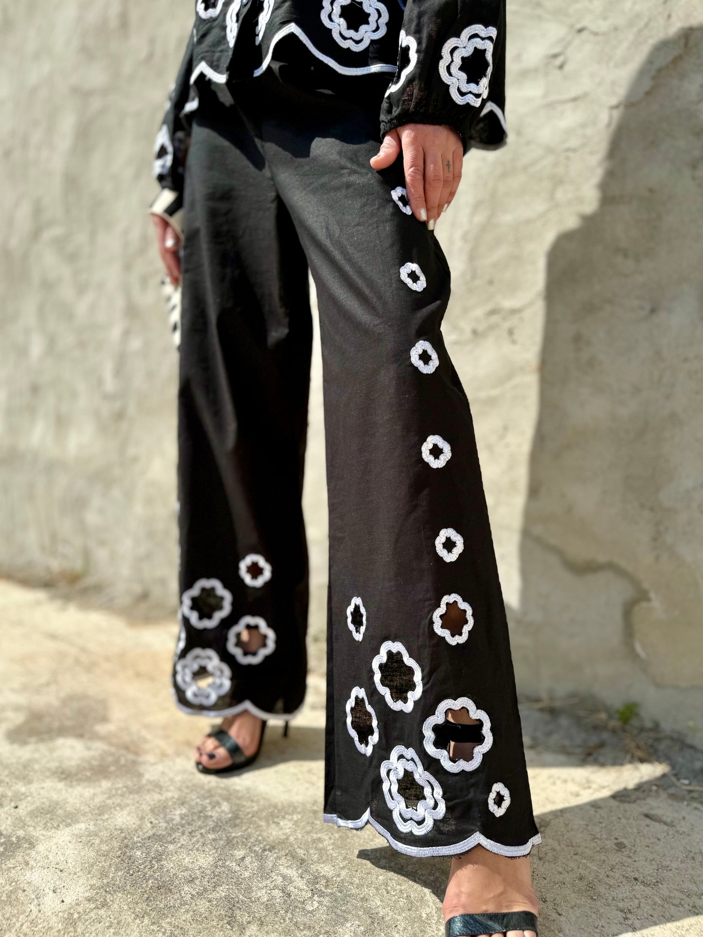 Floral Laser Cutwork Monochrome Shirt with Pants Set