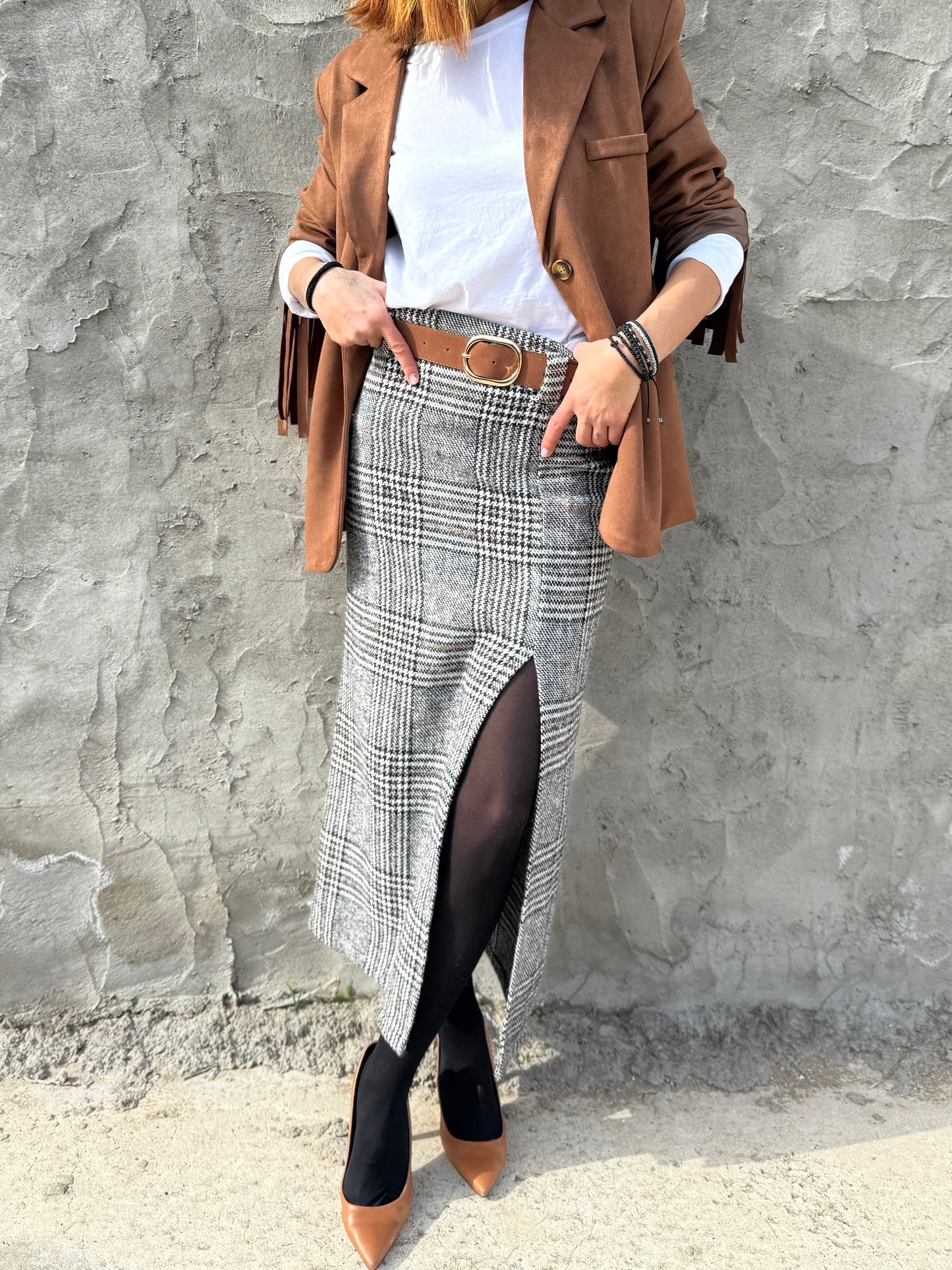 High Waist Plaid Skirt with Slit
