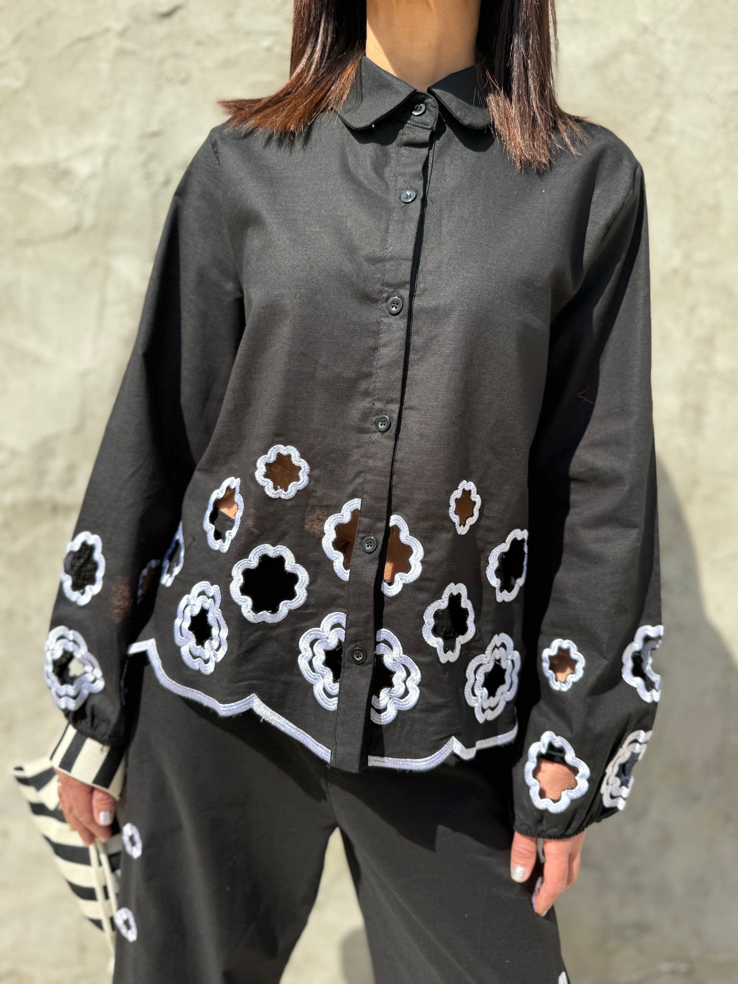Floral Laser Cutwork Monochrome Shirt with Pants Set
