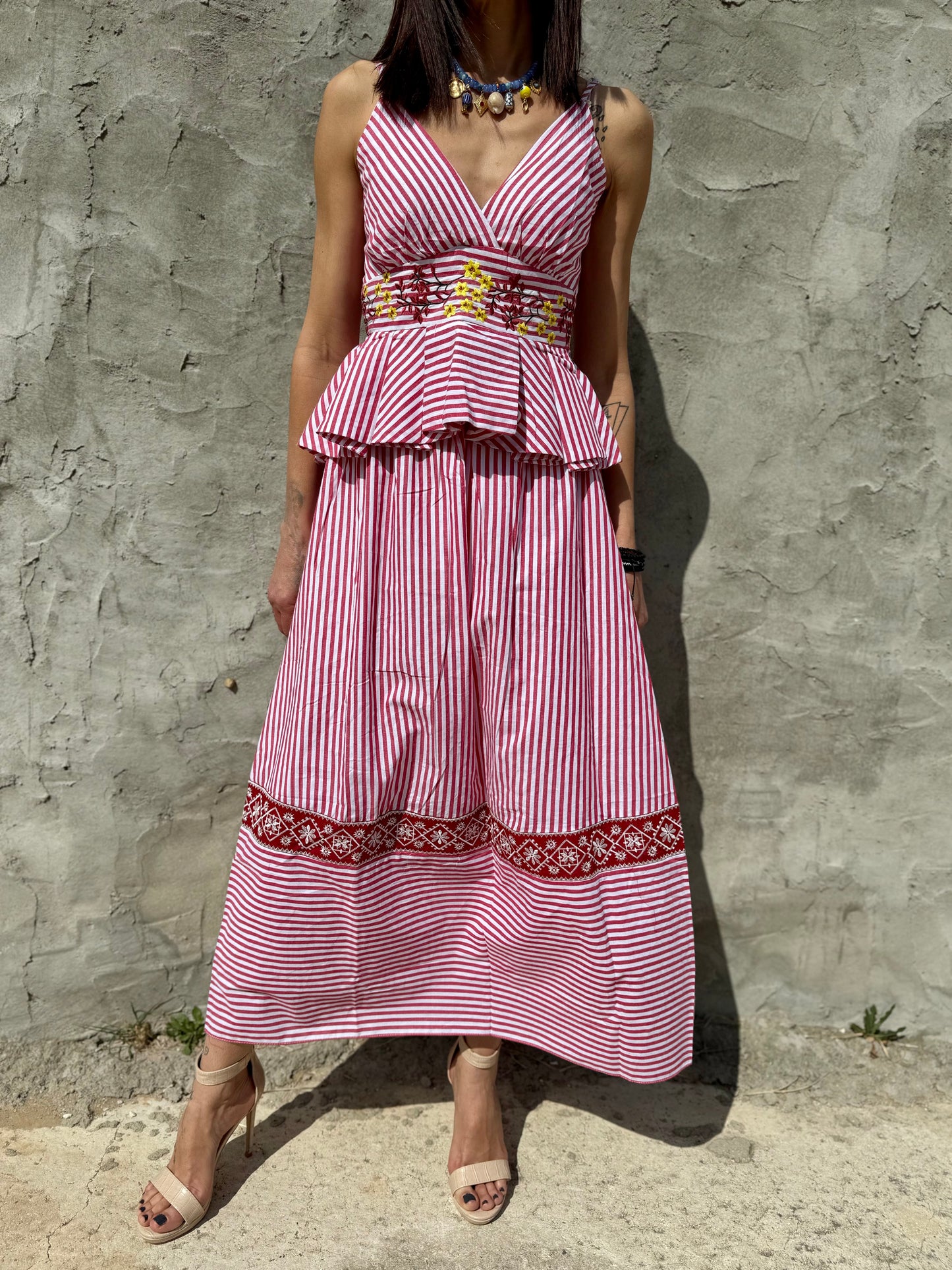 Striped Set, Floral-Embroidered Peplum Top and Midi Skirt