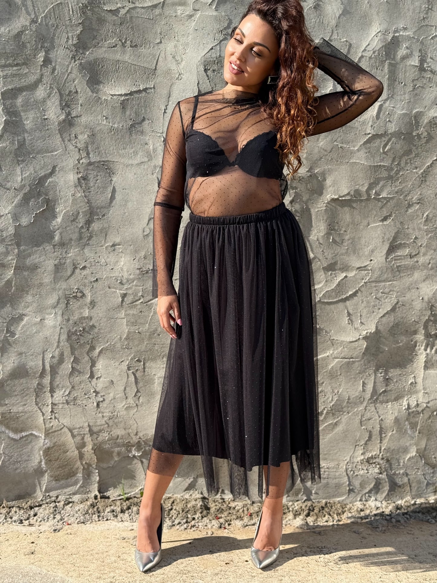 Glittery Mesh Tulle Midi Skirt