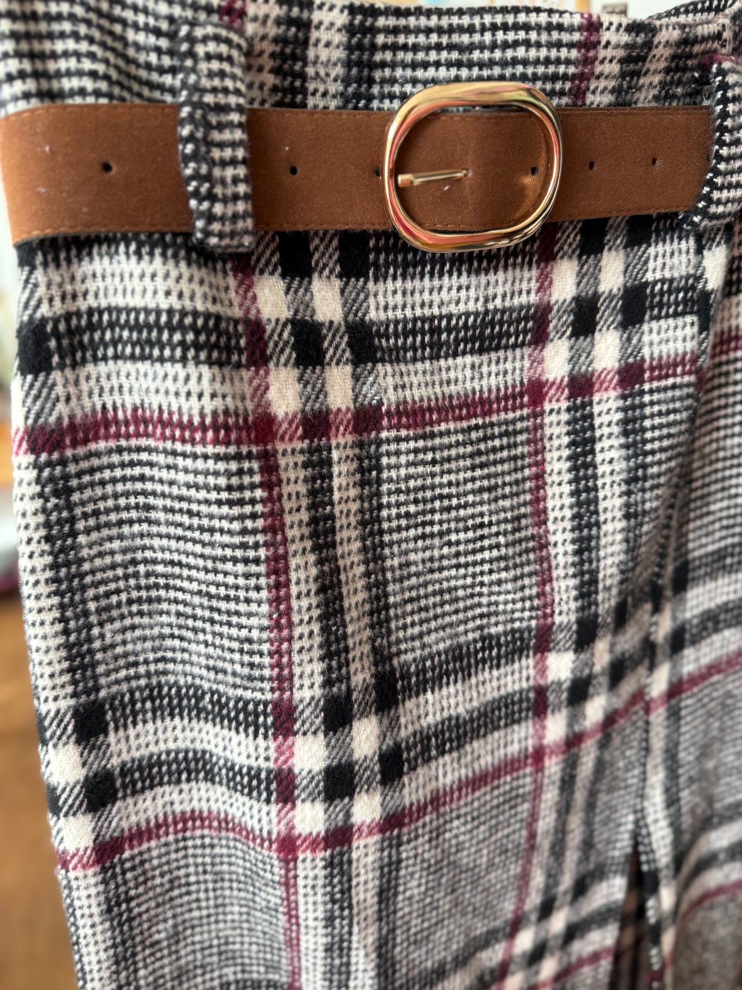 High Waist Plaid Skirt with Slit
