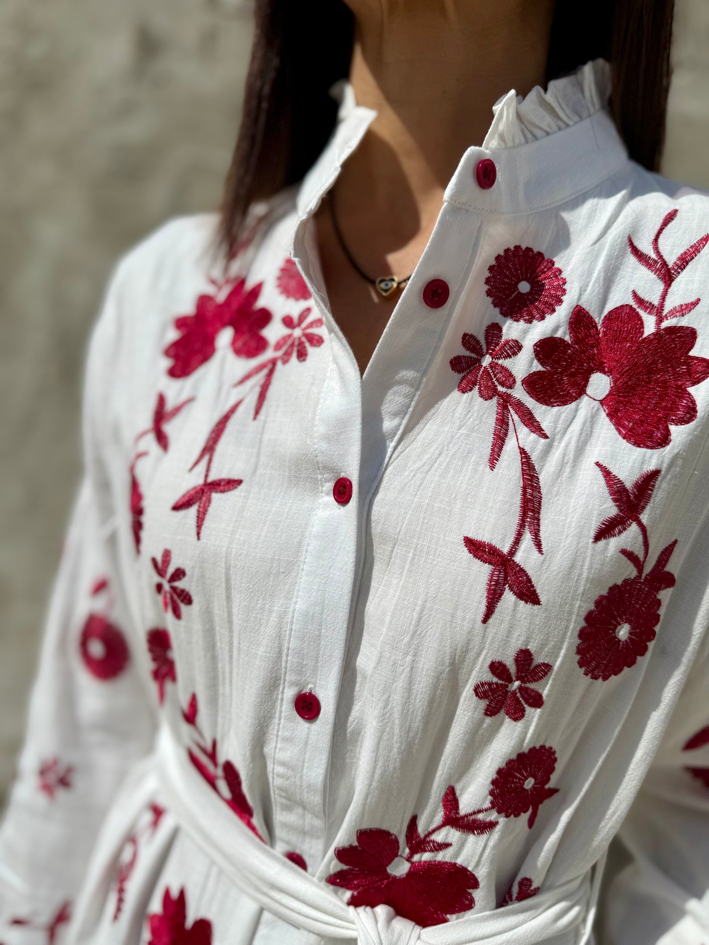 Maxi Embroidered Flower Cotton Dress with Long Sleeves