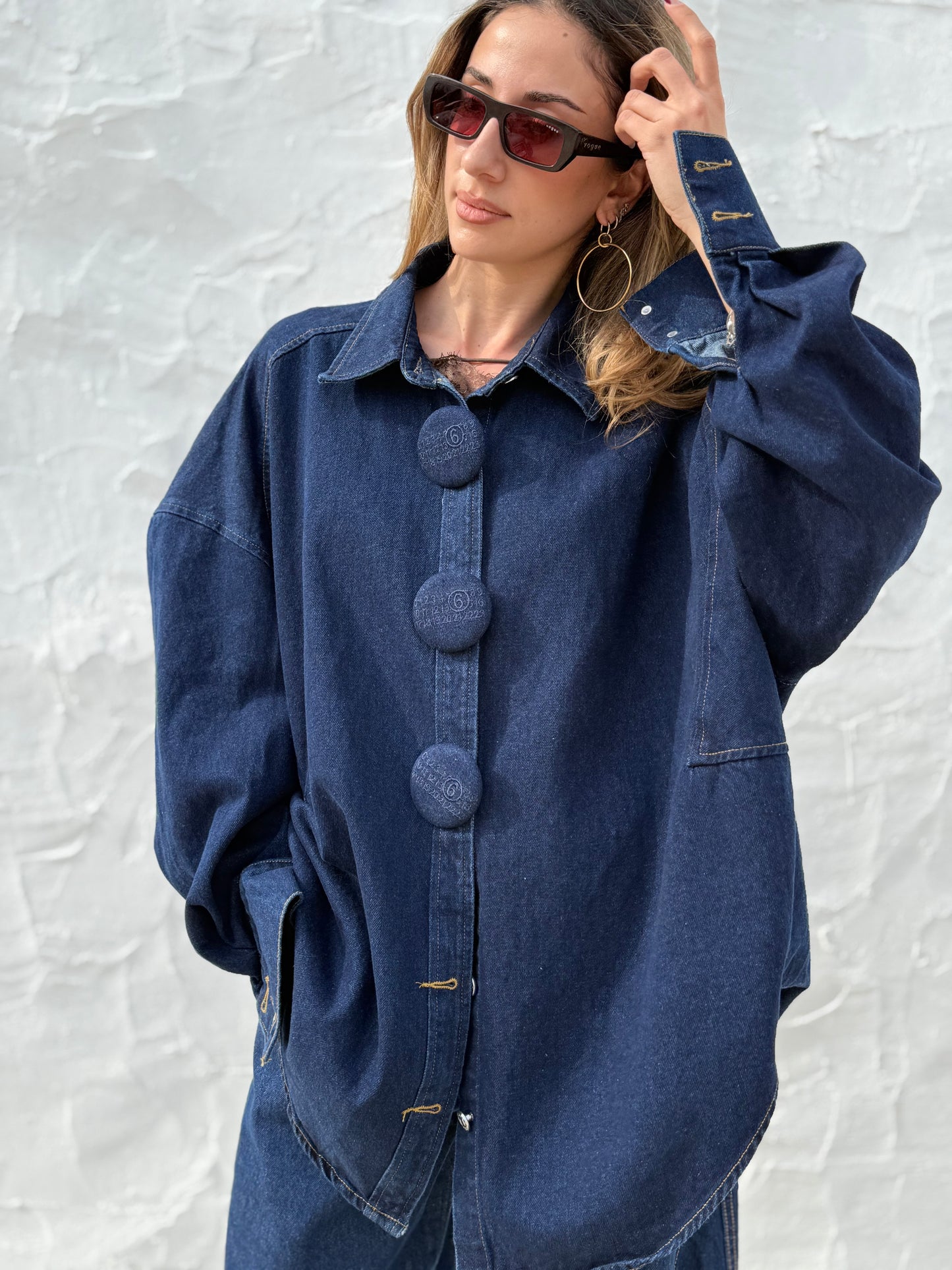 Oversized Dark Denim Shirt Jacket with Statement Buttons