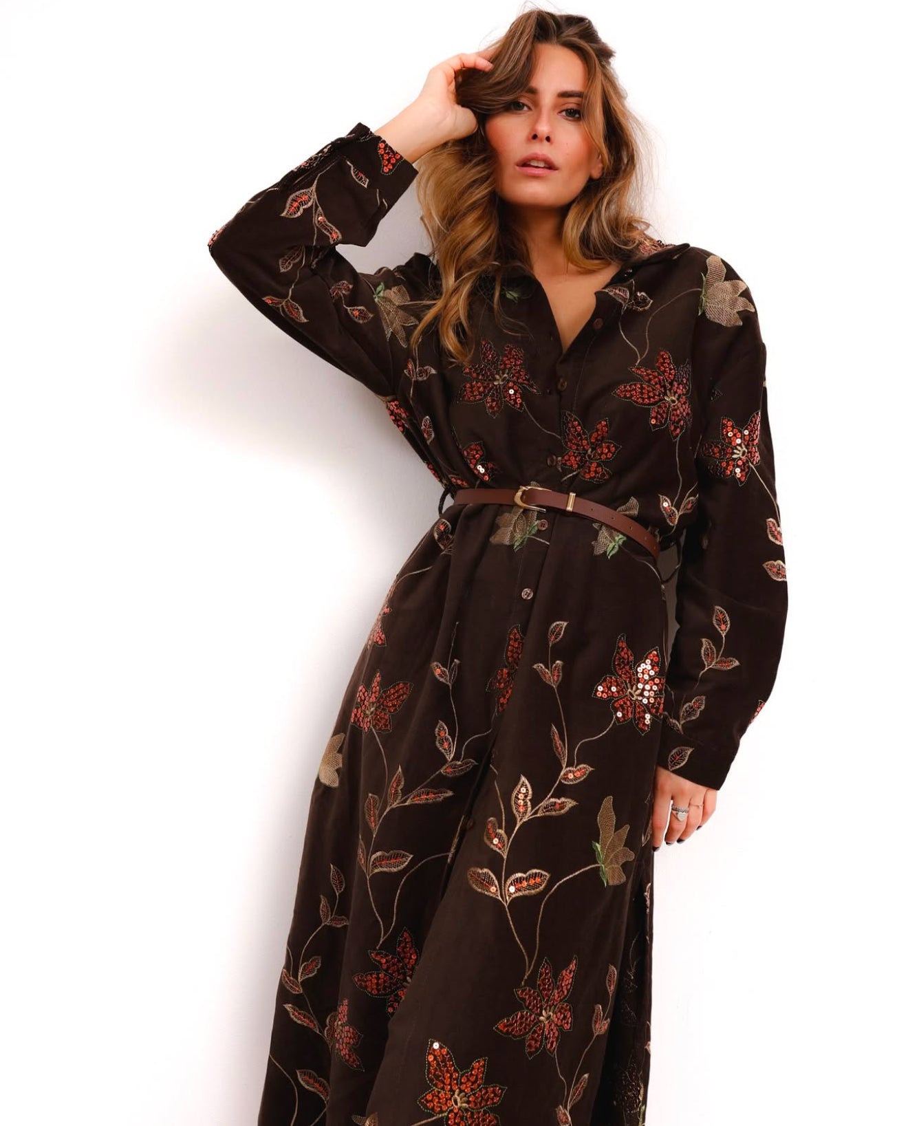 Cotton Long Floral Print Shirt Dress