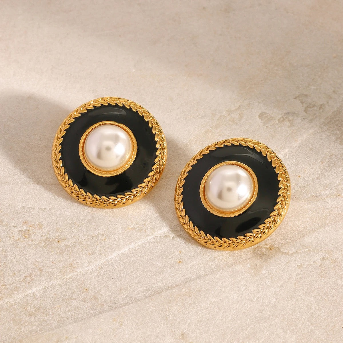 Black Round Studs with Pearl Gold Plated  Stainless Steel