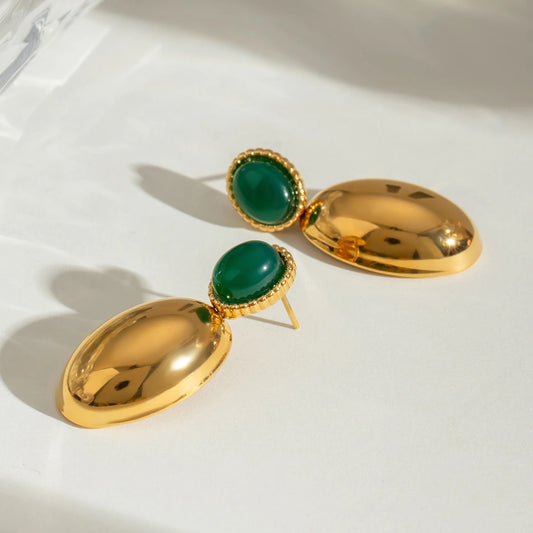 Green Bead Gold Plated Stainless Steel Drop Earrings