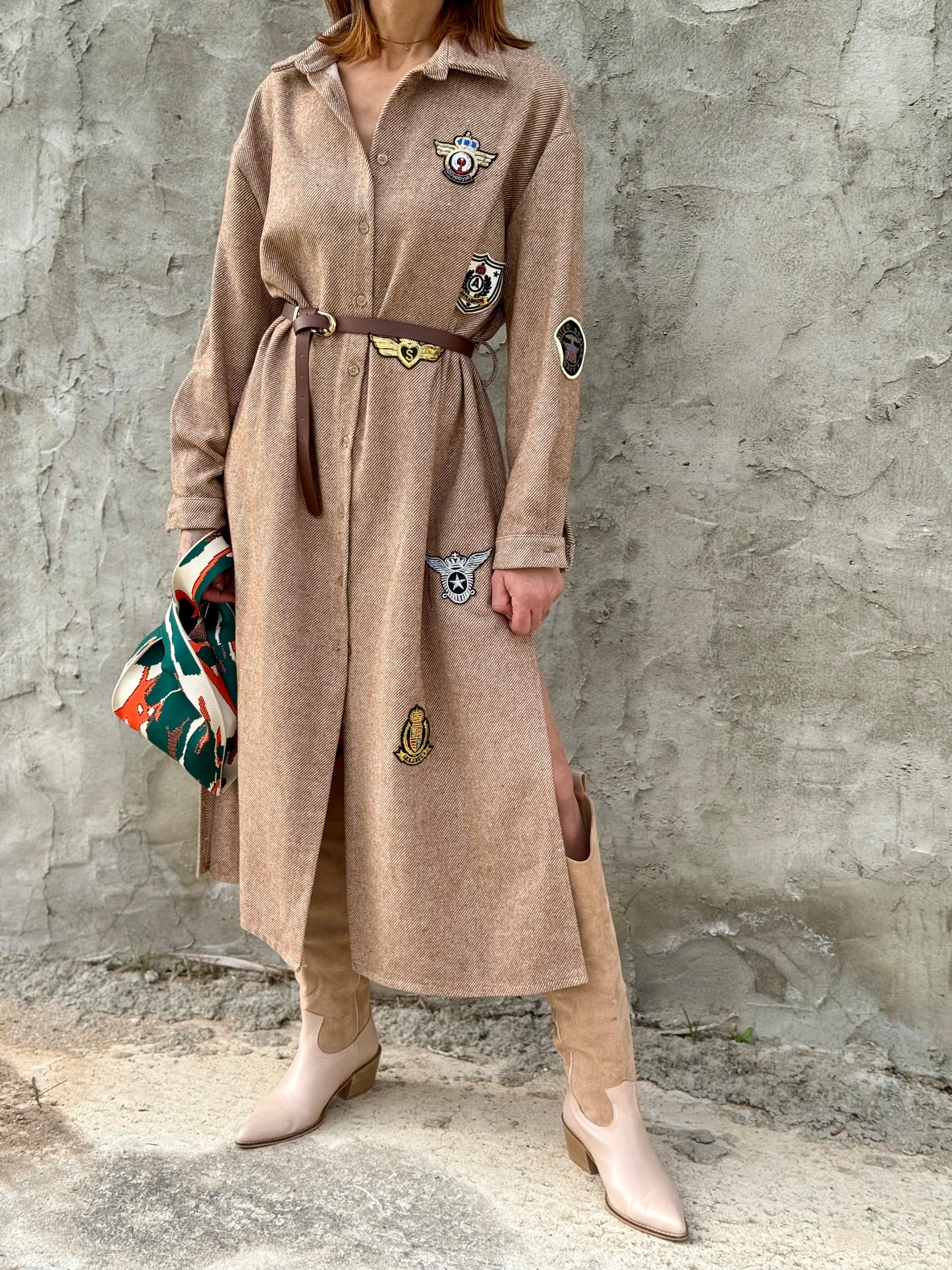 Military Inspired Beige Button Shirt Dress