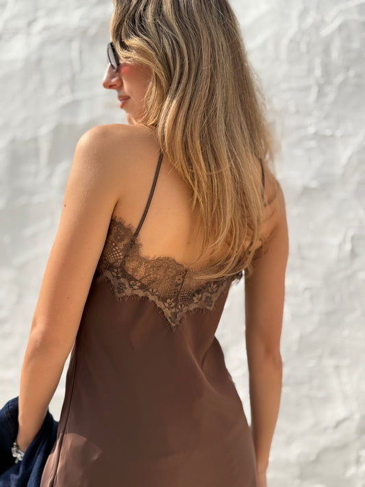 Satin Slip Dress with Lace Trim