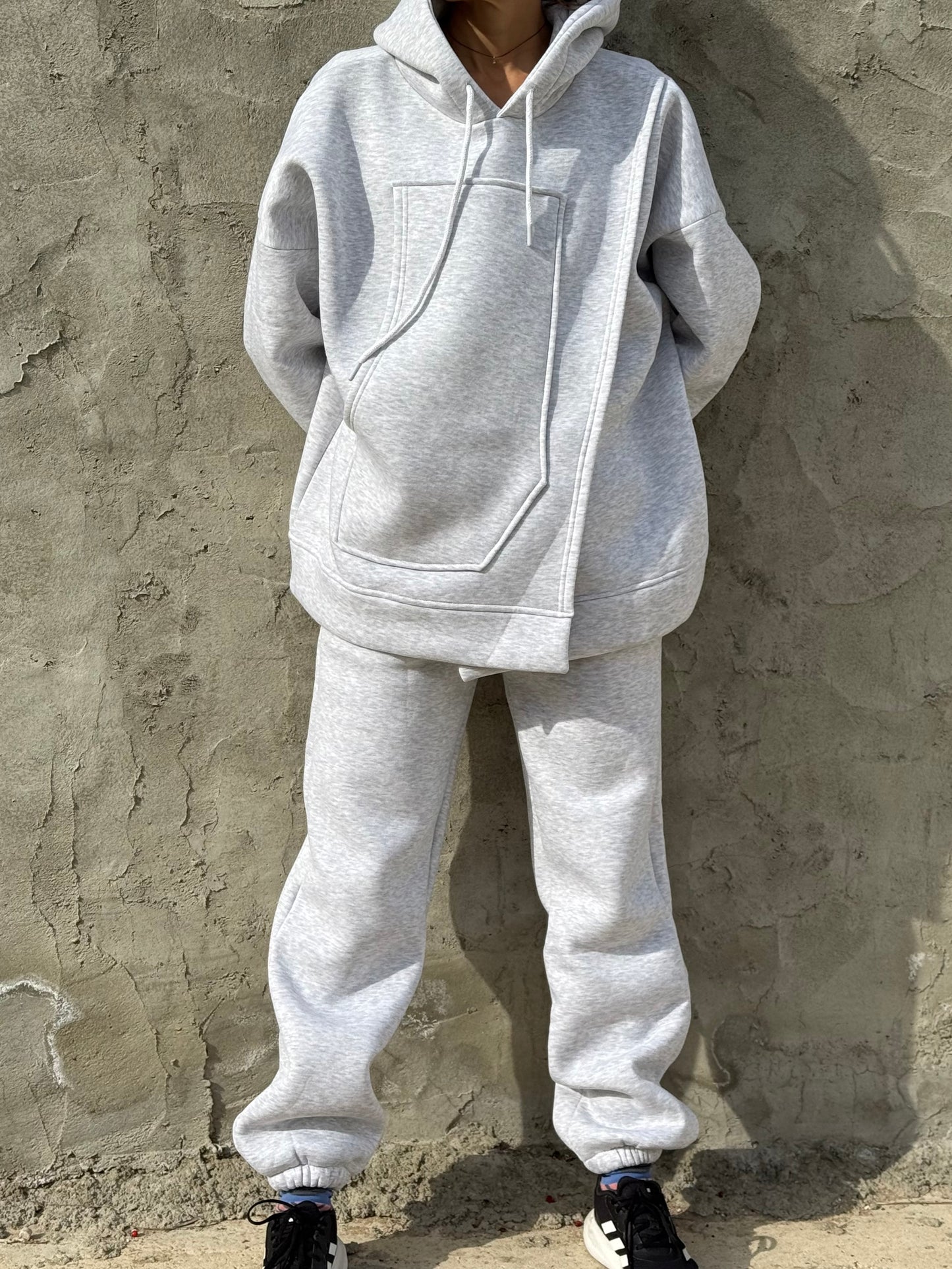 Grey Sweatshirt Sweatpants Set Fleece