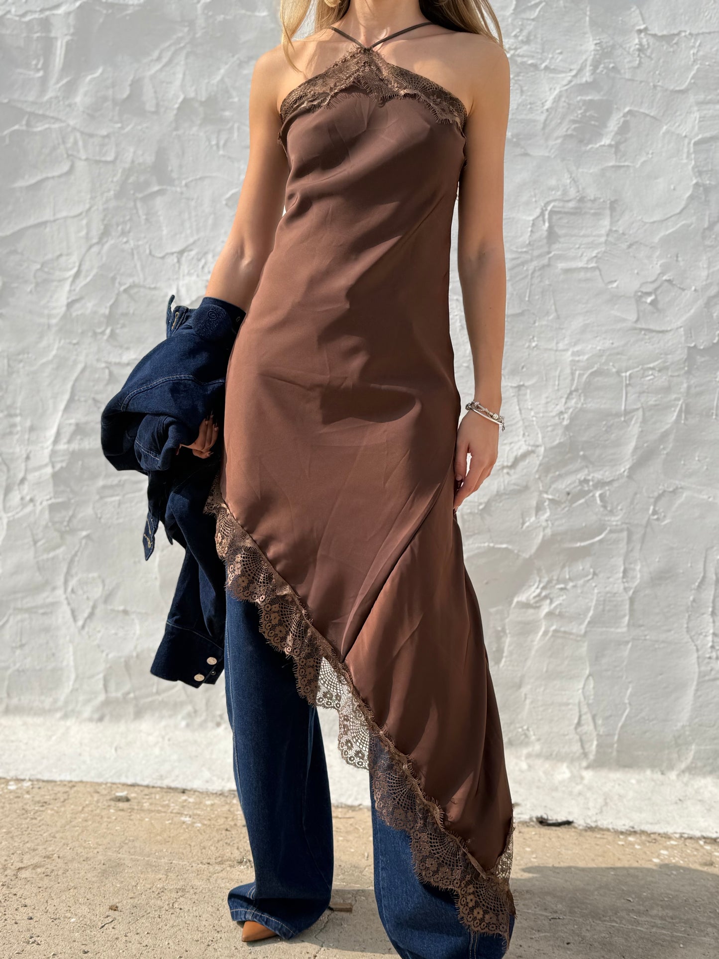 Satin Slip Dress with Lace Trim