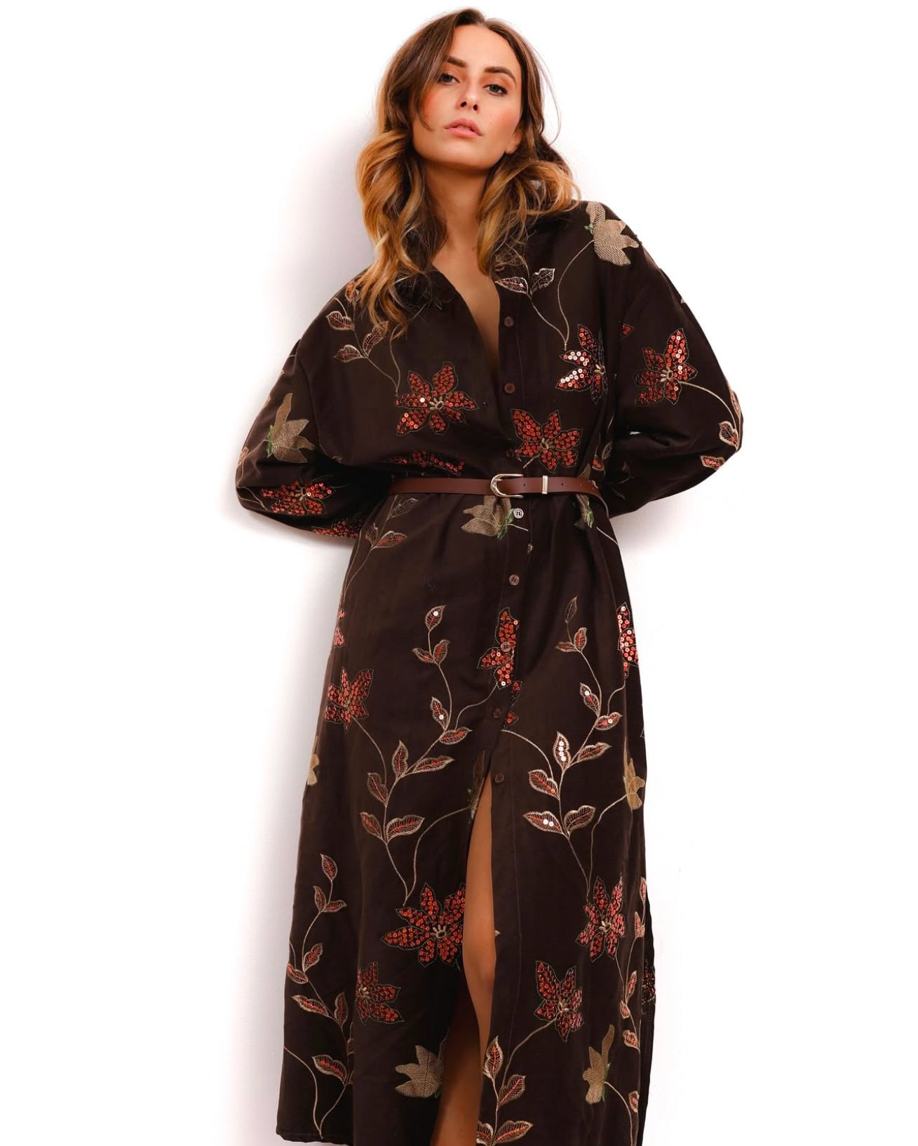 Cotton Long Floral Print Shirt Dress