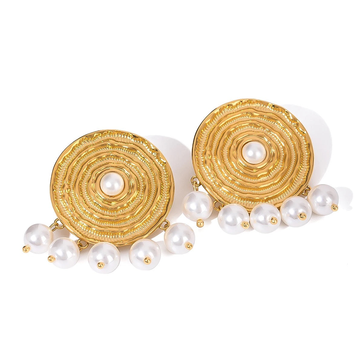 Round Gold Studs with Dangling Pearl Beads Stainless Steel