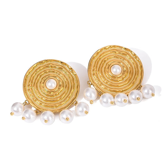 Round Gold Studs with Dangling Pearl Beads Stainless Steel