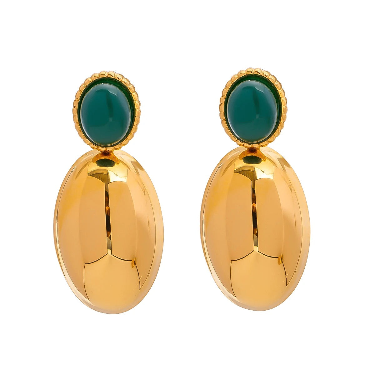 Green Bead Gold Plated Stainless Steel Drop Earrings